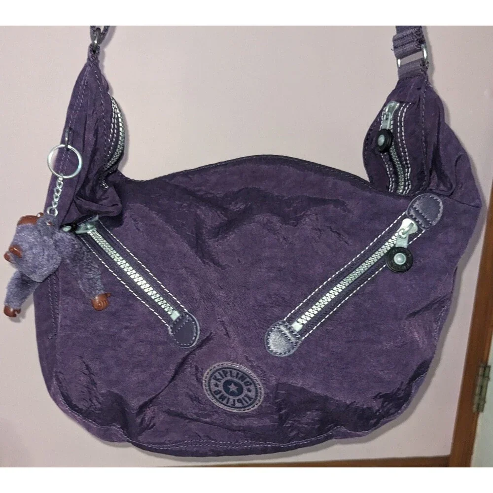 Kipling Farrah Purple Nylon Large Shoulder Bag Crossbody Hobo Slouched Handbag